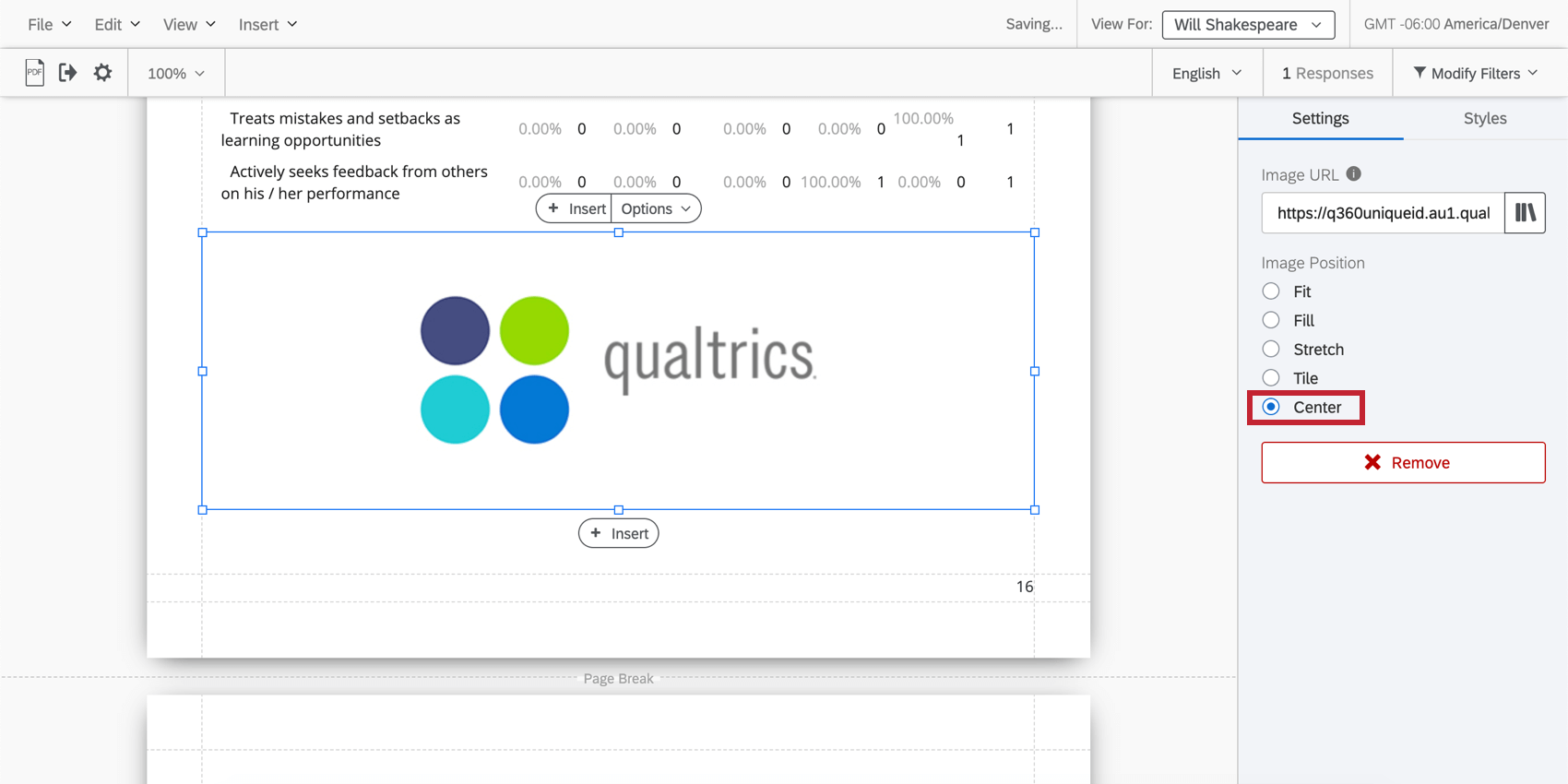 Inserção de uma imagem da biblioteca usando a opção Centralizar