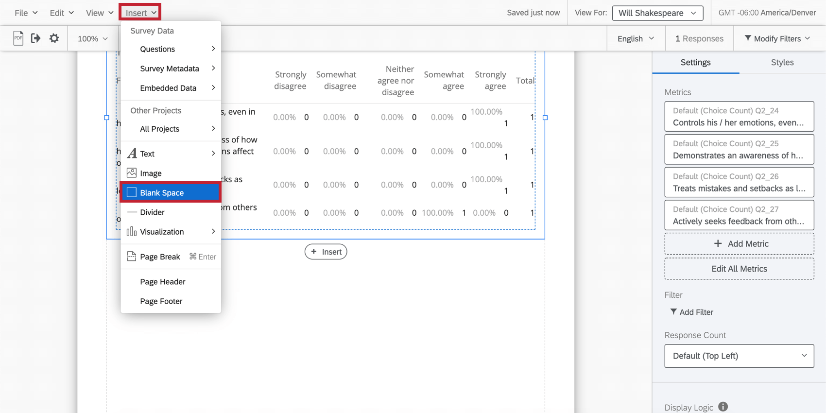 Blank Space option in the Insert dropdown