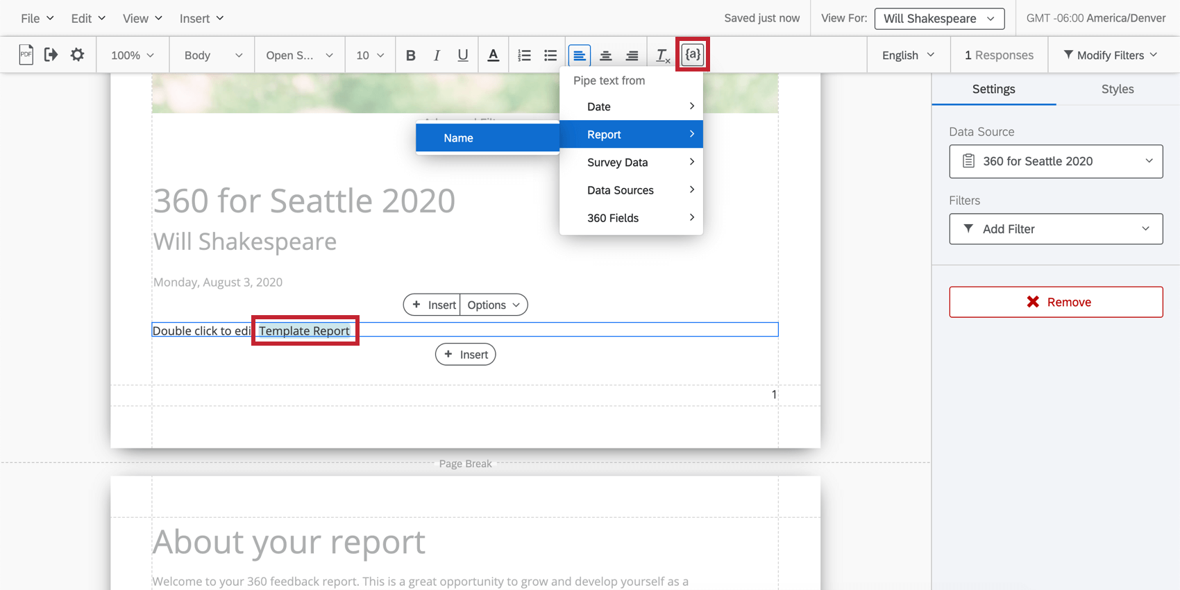 Menu Texte inséré dans les rapports 360