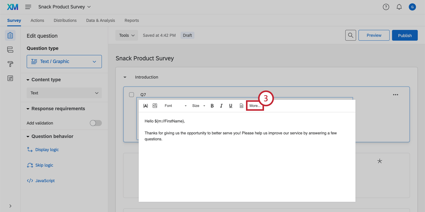 Hacer clic en Más en el editor de contenido enriquecido