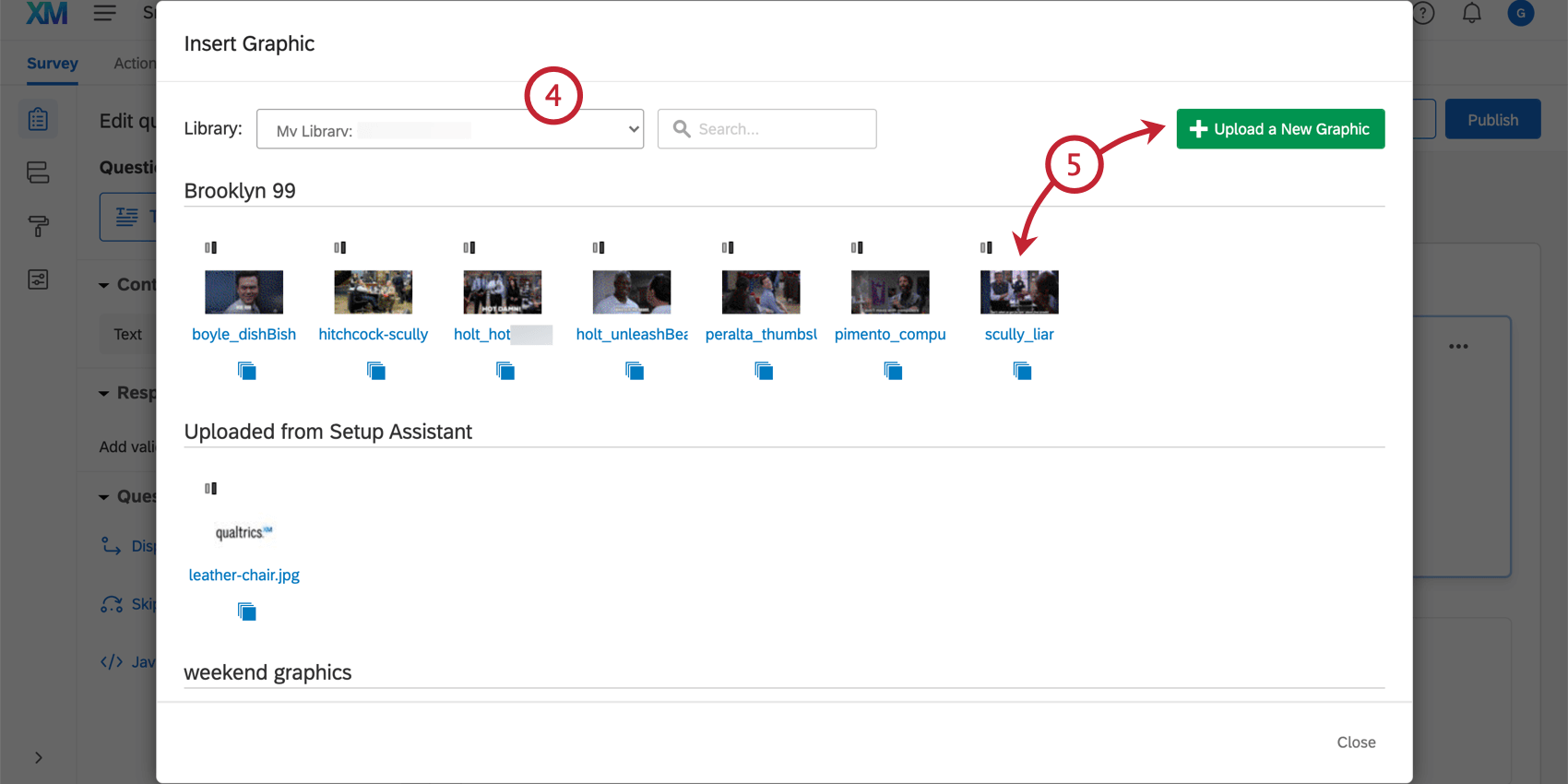 Inserting a graphic from the library or from a newly uploaded file in the Insert Graphic window