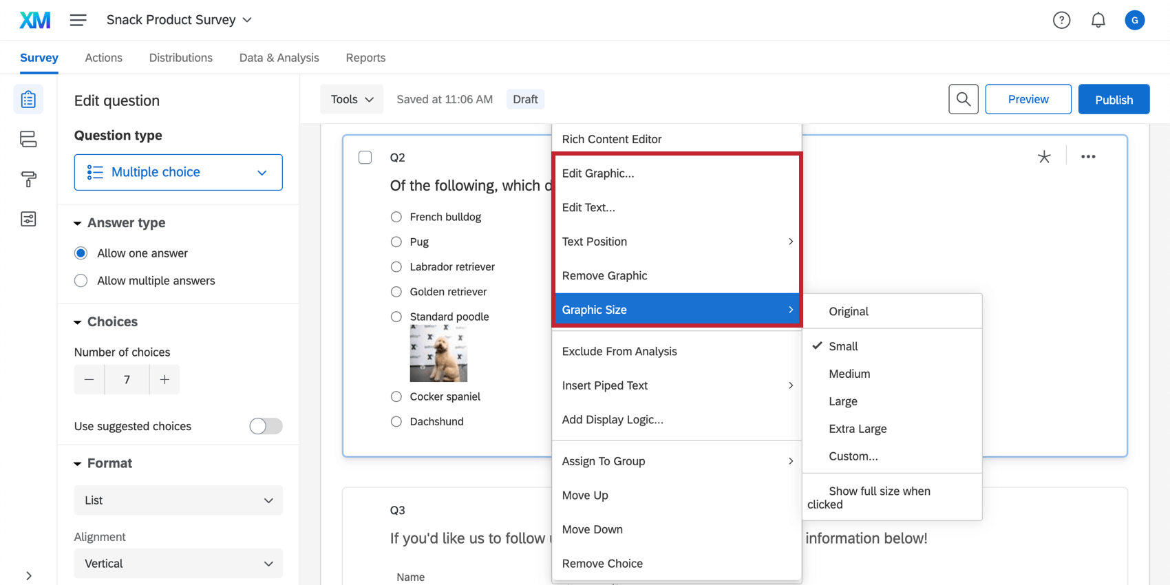 画像サイズのドロップダウンメニューを表示する画像オプションの追加