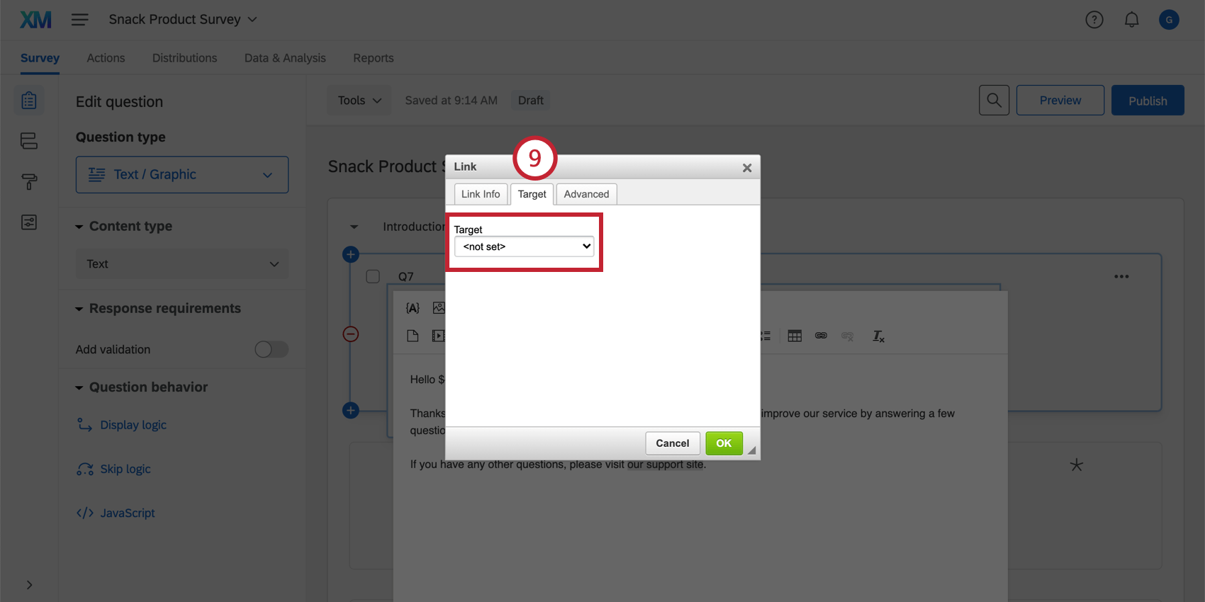 Pestaña de Objetivo en el editor de hipervínculos