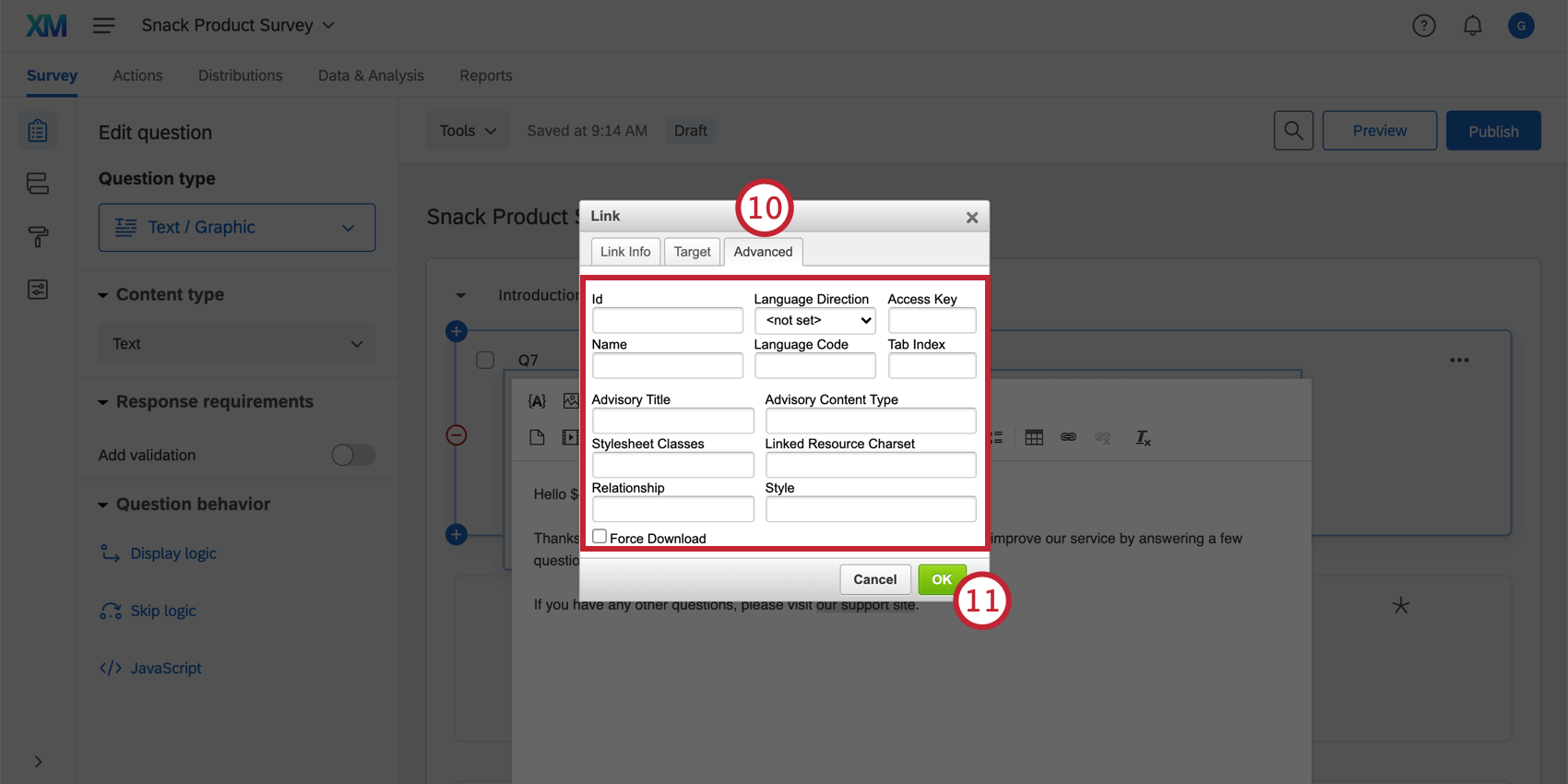 Advanced tab in the hyperlink editor