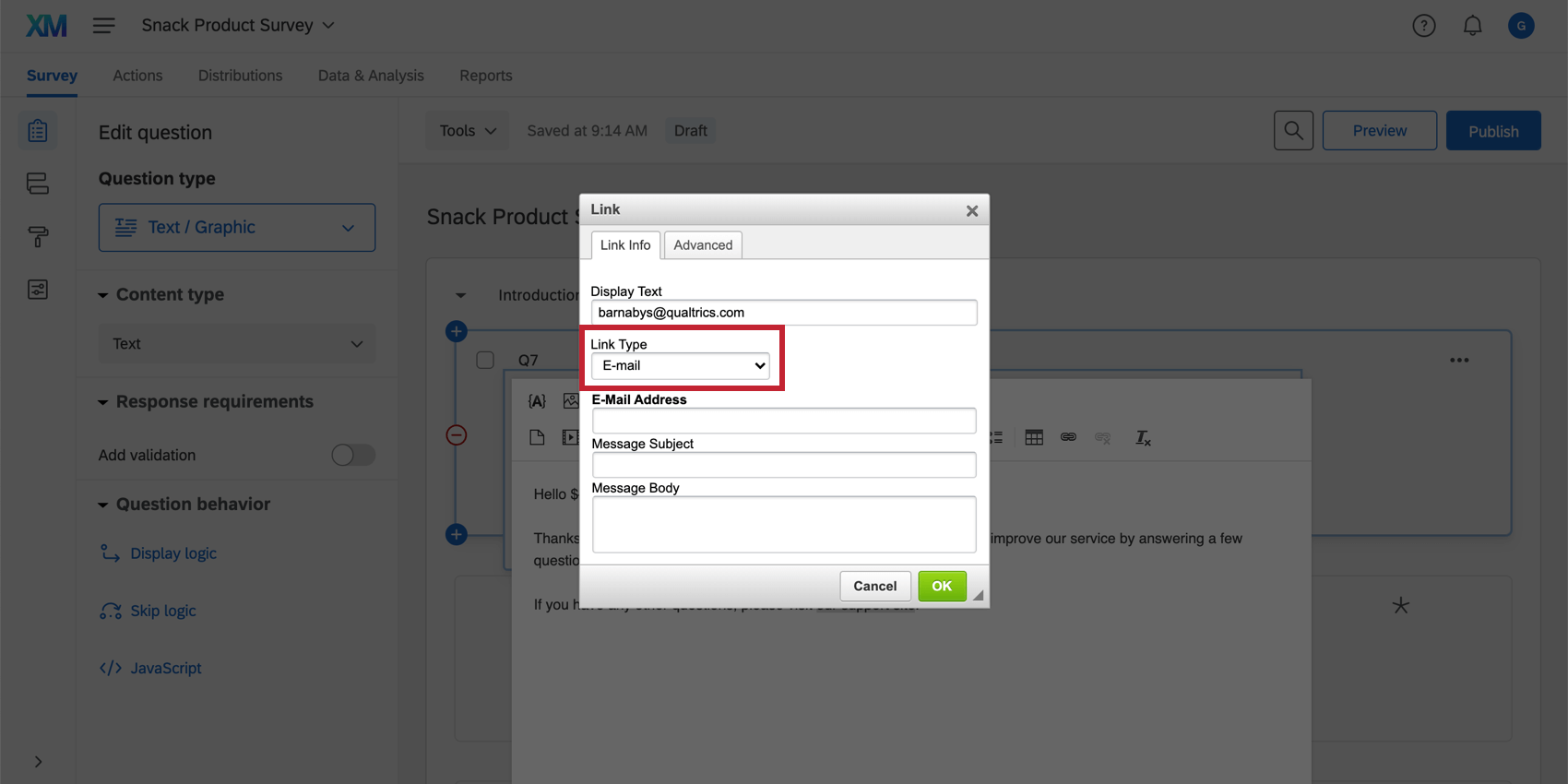 Alterar o tipo de link para Endereço de e-mail