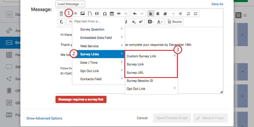 Piped text button opens a menu of Survey Link options