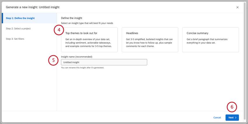 nova janela que solicita que você defina o insight e configure um nome de insight