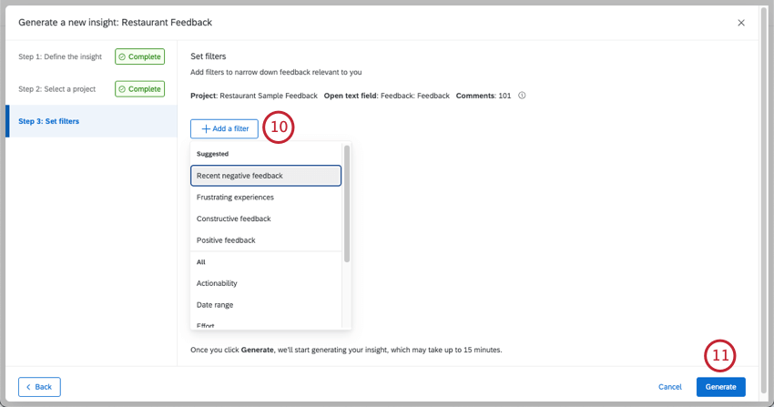 Aggiunta di un filtro e generazione dellinsight