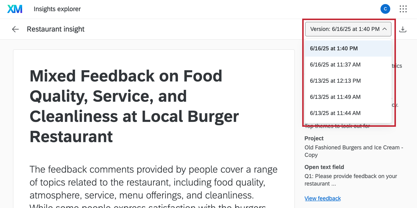 navegar para diferentes versões do insight usando o menu de versões no canto superior direito