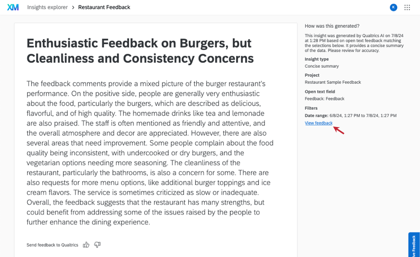 o insight é aberto. Botão minúsculo para visualizar o feedback à direita da página
