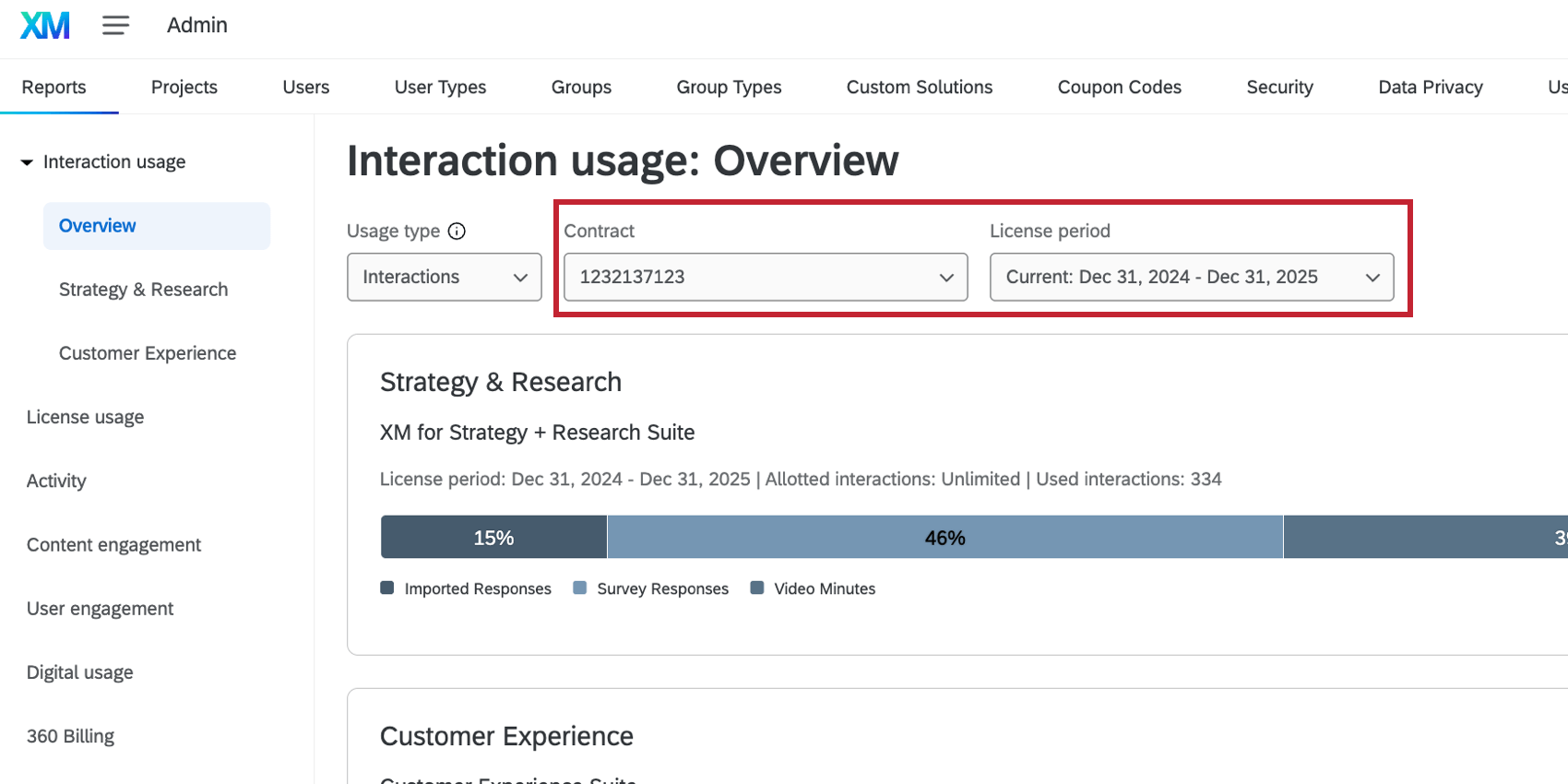 the contract and license dropdown menus in the interaction usage report