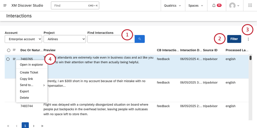 parti numerate della pagina delle interazioni