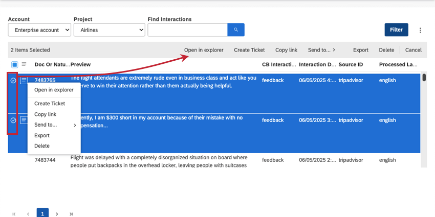 image that shows banner along top that appears when you select multiple interactions