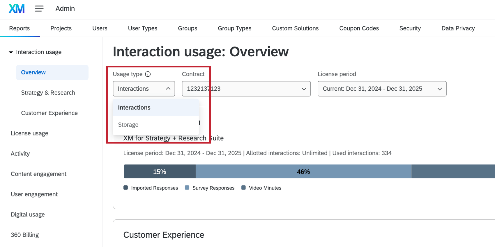 the "usage type" dropdown in the interaction usage report
