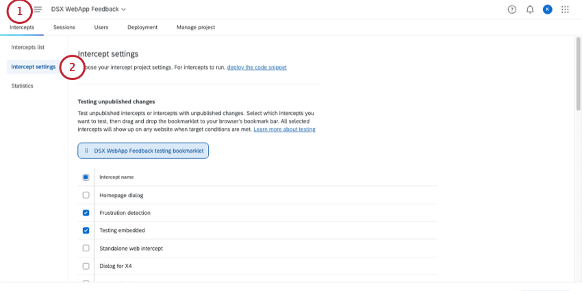 configurações de interceptação de abertura
