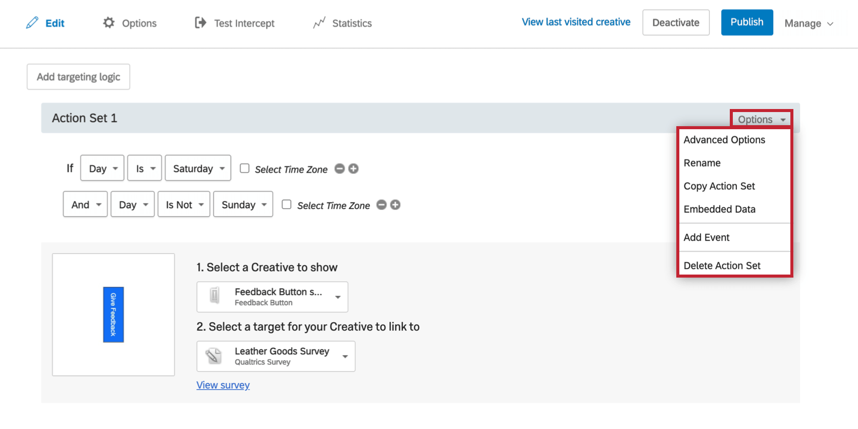 Action Set Options dropdown