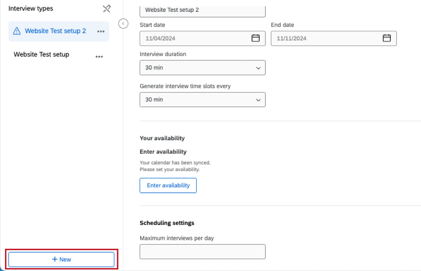 "New" button to create a new interview type