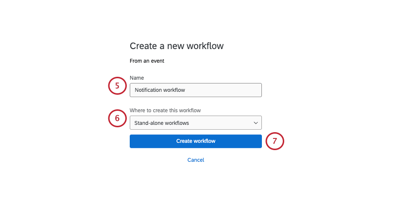 es öffnet sich eine neue Seite, auf der Sie den Workflow benennen und anstelle einer bestimmten Umfrage eigenständige UMFRAGEN als location auswählen