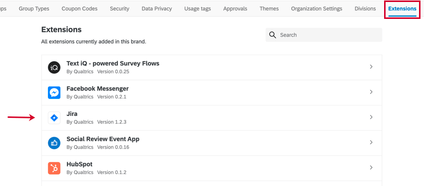 the jira extension in the extension tab in admin