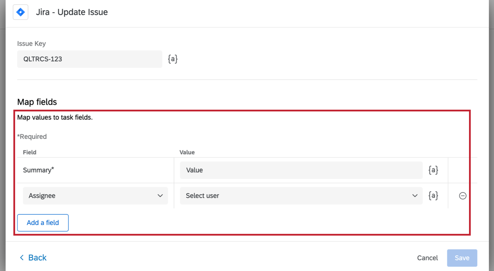Los campos del mapa en la parte inferior de la tarea de Jira