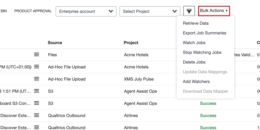 the bulk actions menu at the top of the jobs page