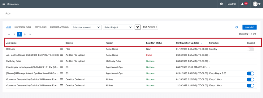 the different fields in the jobs tab
