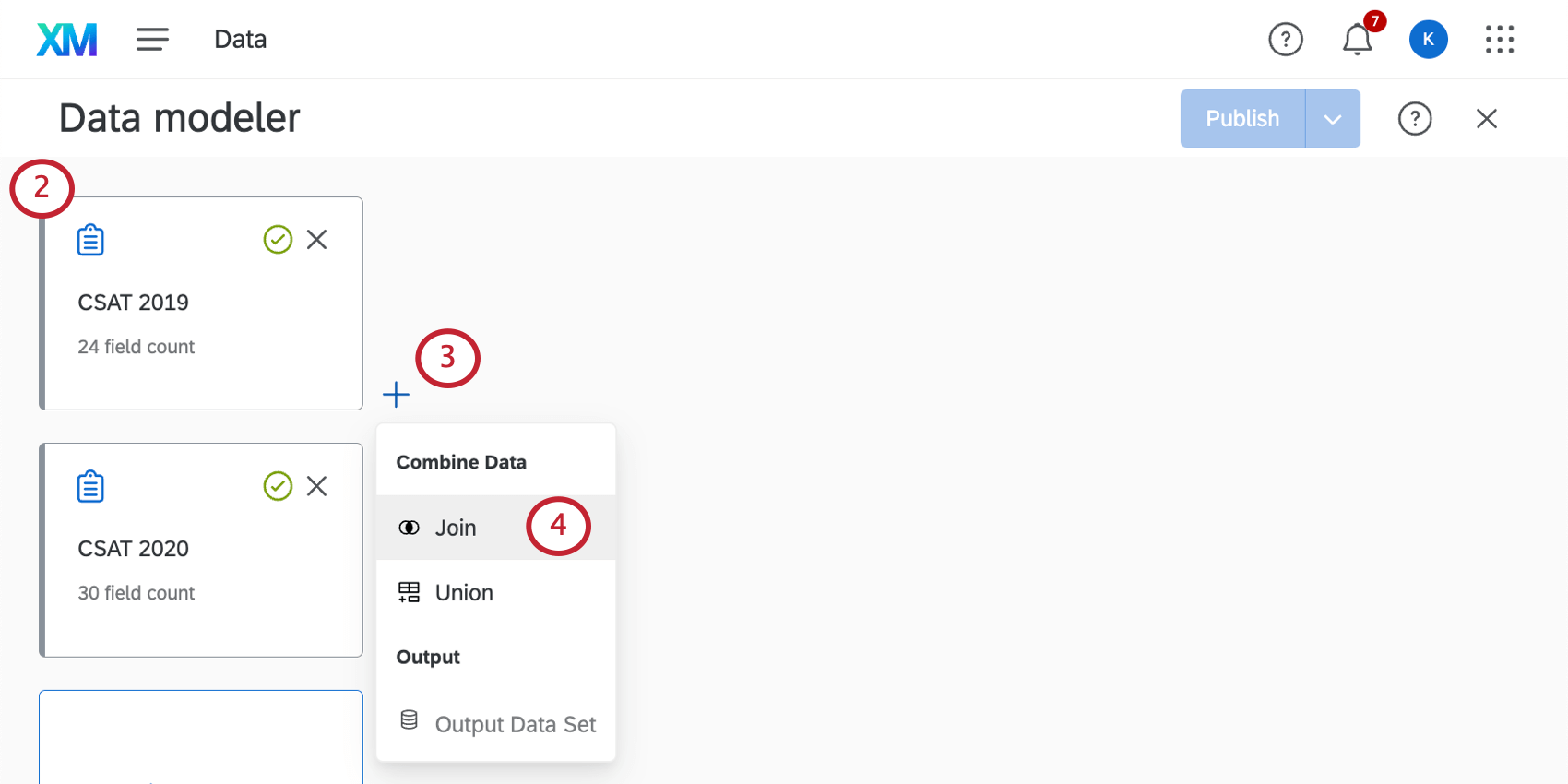 O sinal de mais avançar do bloco de origem expande um menu no qual você pode selecionar participar