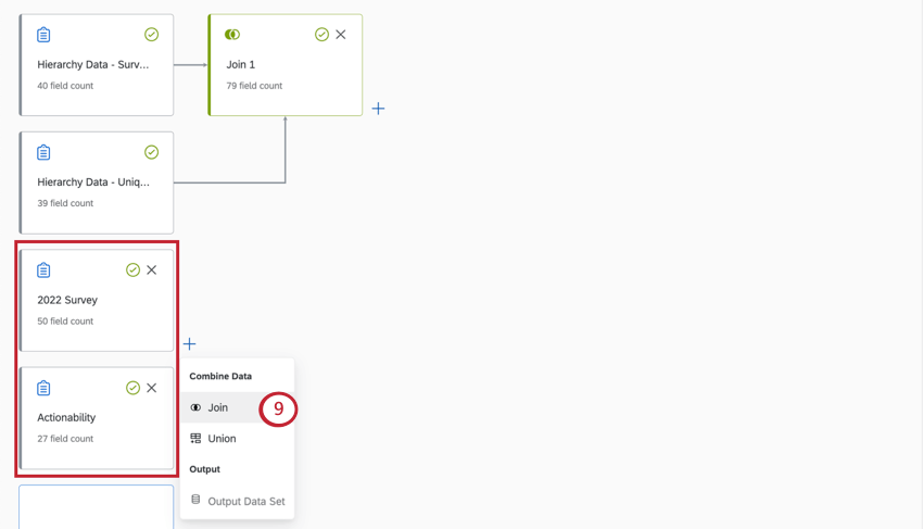 Scrolling down the data modeler, there are 2 more source blocks disconnected from the join happening above it. You can click the plus signs next to these blocks to get started building joins