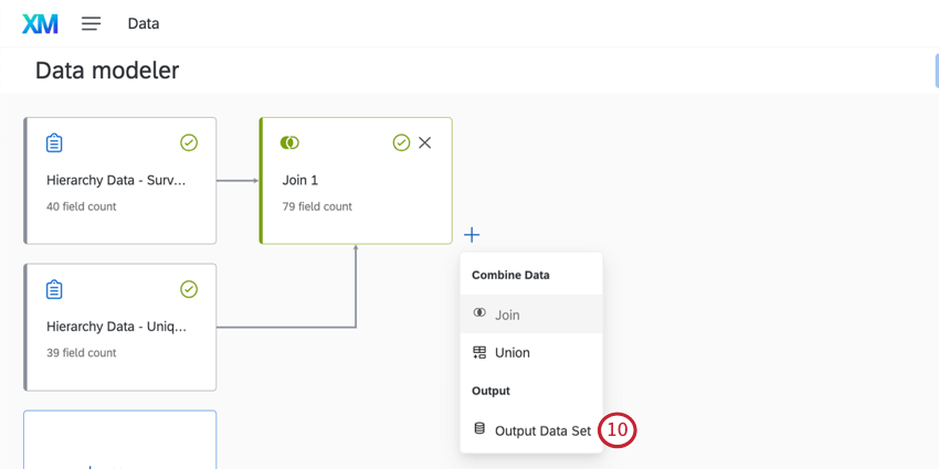 Plus sign next to join block expands a menu where you can select output dataset