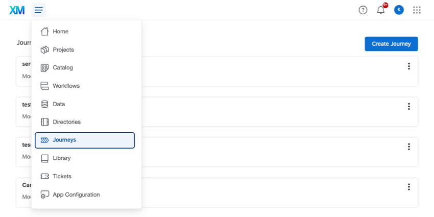global navigation menu is expanded and journeys is highlighted