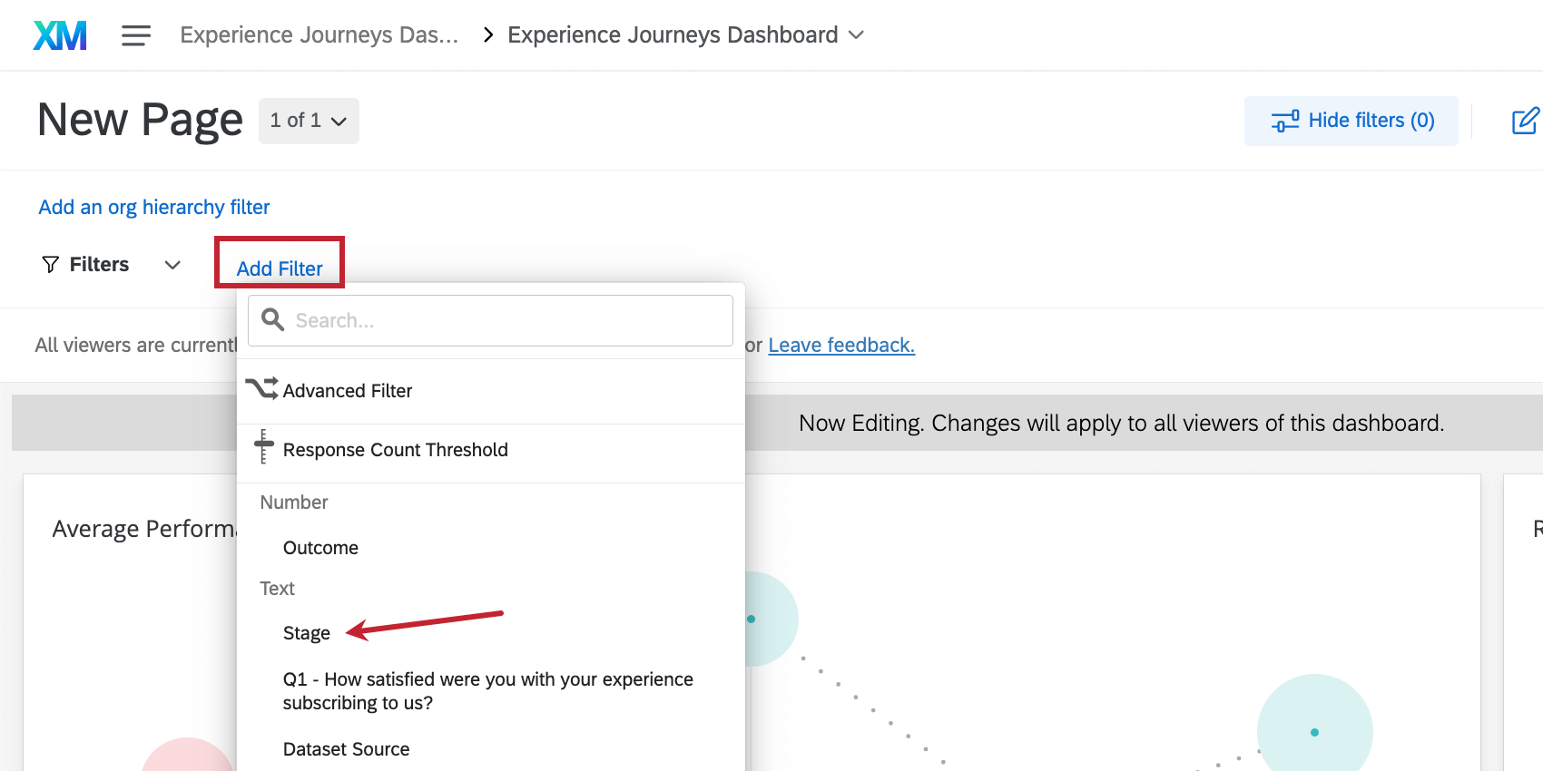 Selecting to filter based on a stage from the dashboard page filters