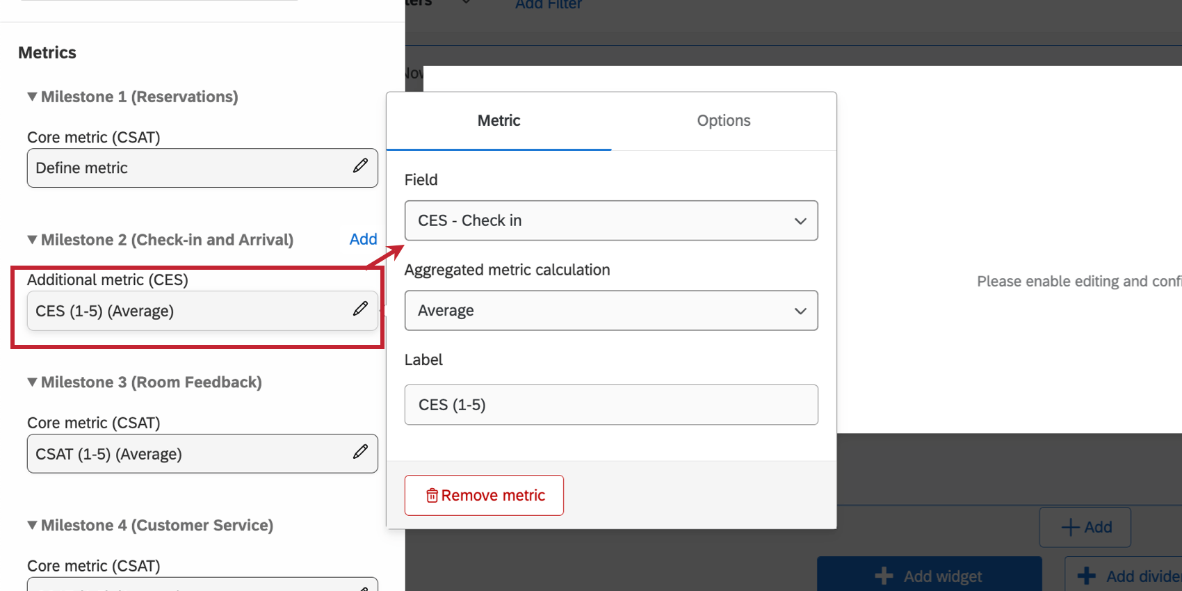 o painel de edição do widget do mapa de jornada, em métricas, tem uma lista de marcos, com opções para adicionar uma métrica para cada marco