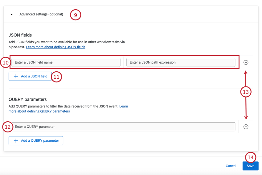 definir dados evento na seção de configurações avançadas