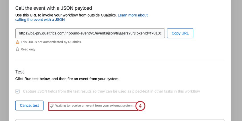 lÉvènement JSON qui attend de recevoir un évènement de votre système externe