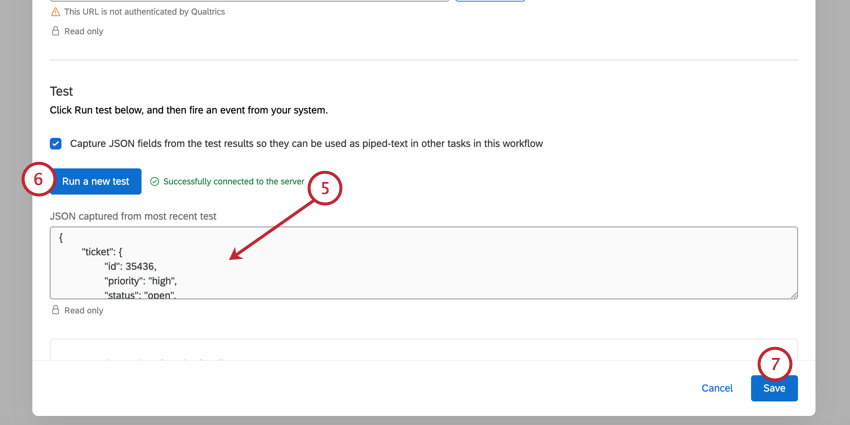 a successful test - the JSON payload is in the event window