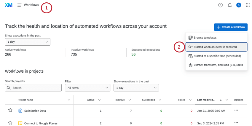 clicking create a workflow and then event based