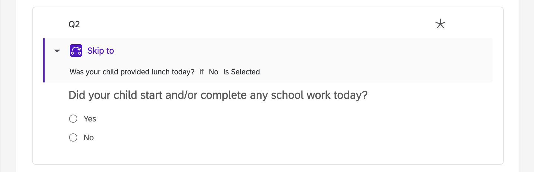 Pergunta com um widget cinza na parte inferior indicando lógica de salto