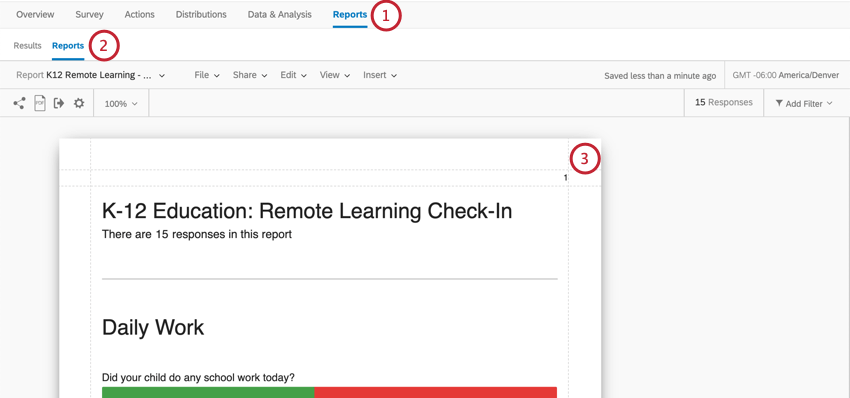Reports is last tab. Under that, another reports button, to right of Results. Screenshot shows the report, with a blue bar graph