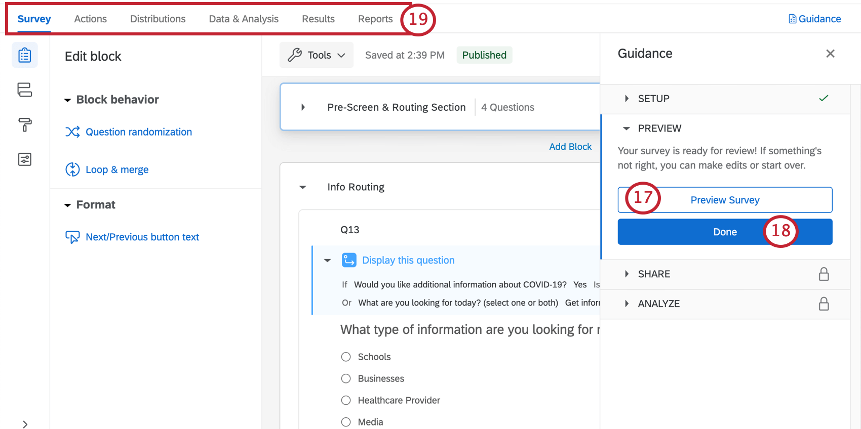 Survey builder open with a guidance sidebar to the right that takes you through key steps
