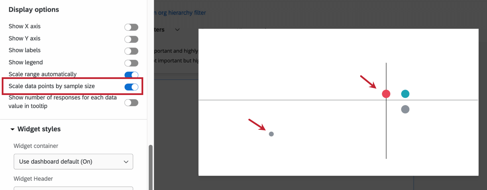 Scale Data Points by Amostra Size (Escalar pontos de dados por tamanho da amostra ) marcado em Display Options (Opções de exibição)