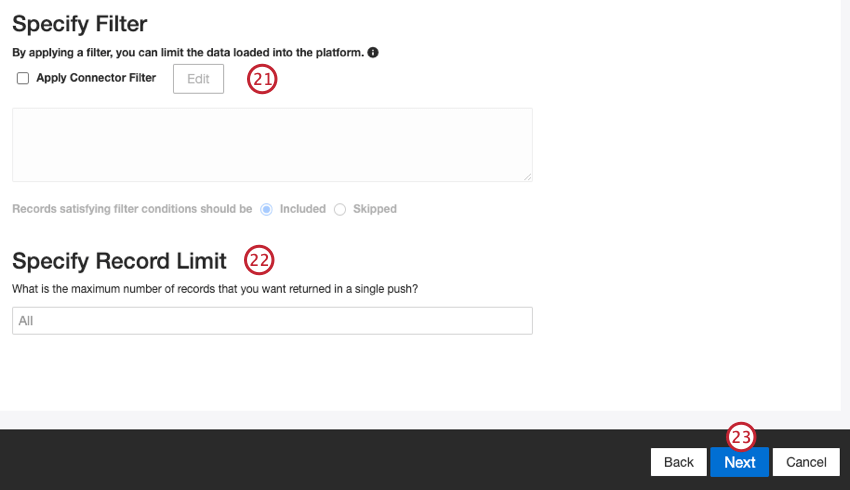 Agregar un filtro opcional y un límite de registro