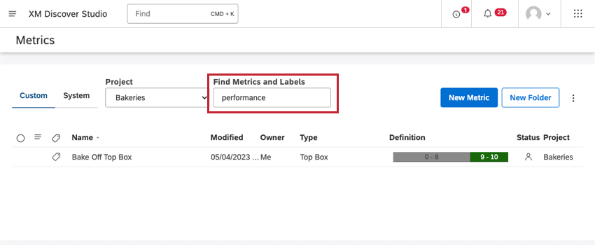 Ricerca in base a una parola non presente nel nome della metrica, il che significa che i tag sono stati cercati