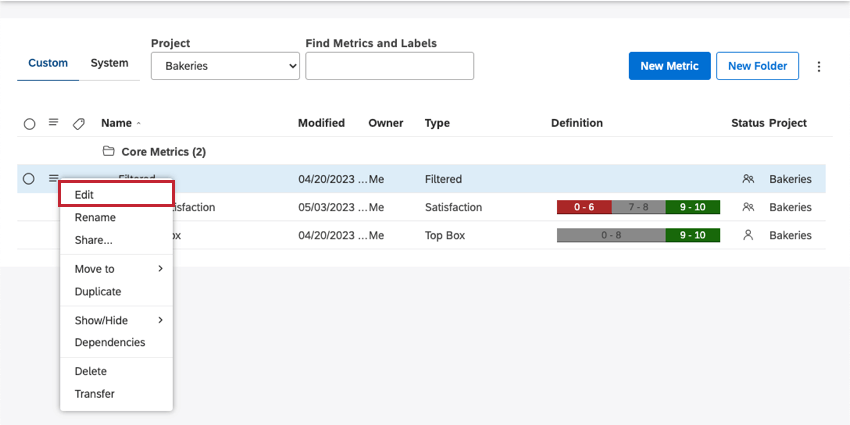 modifier loption dans le menu déroulant de la métrique
