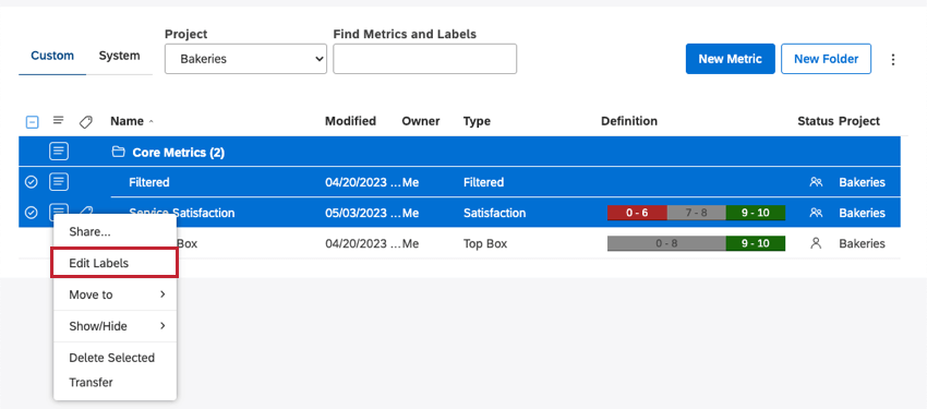 edit labels button under metrics dropdown