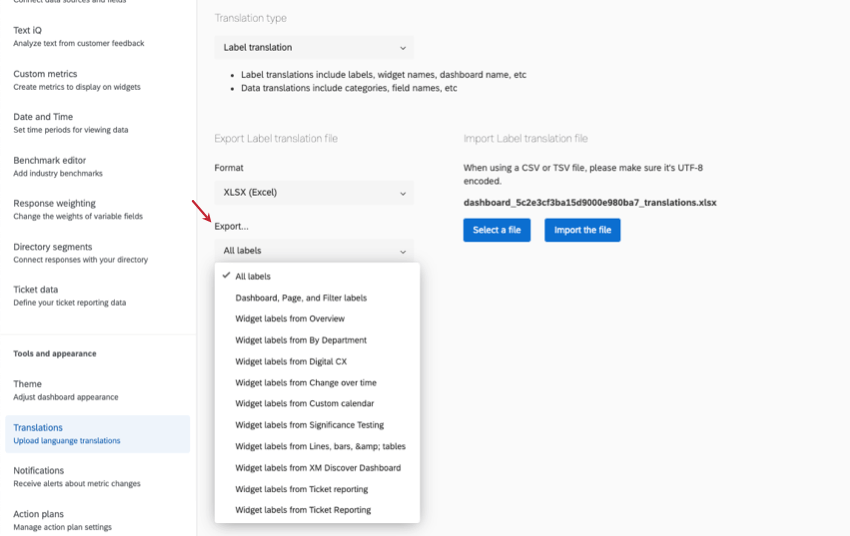 export dropdown has options other than all labels