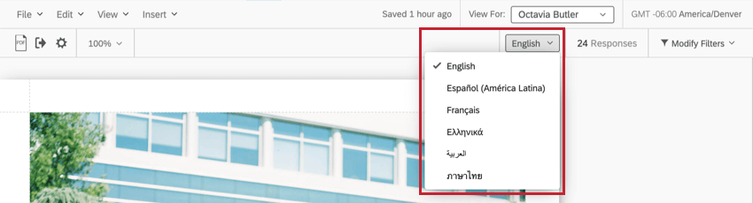 Language dropdown on right side of report toolbar