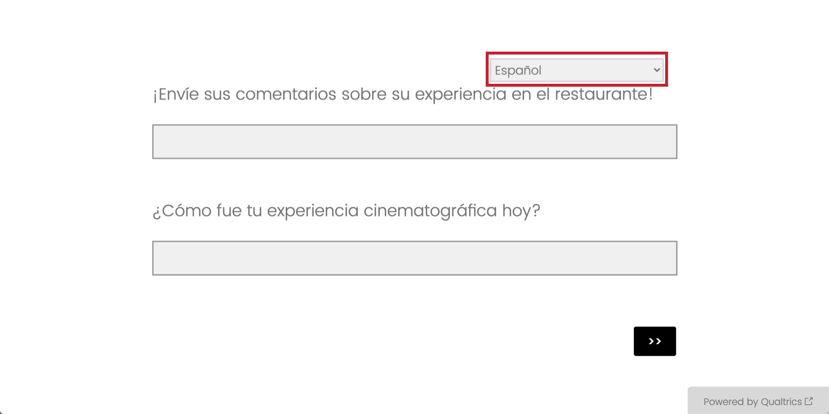 Upper-right of survey has a language selection dropdown menu