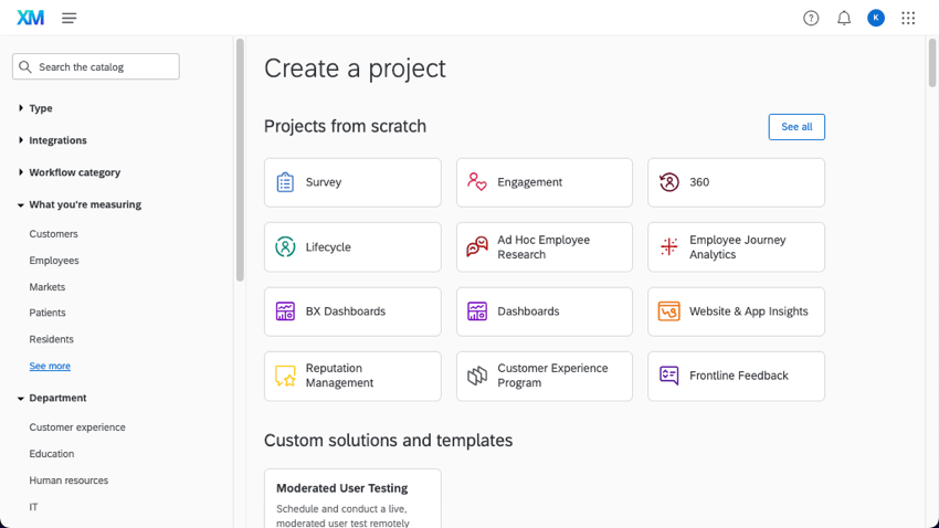 Le catalogue Qualtrics, affichant un éventail de projets à sélectionner