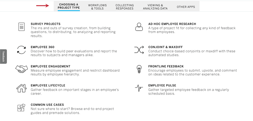 La page daccueil du site de support renvoie à tous les domaines de la plateforme Qualtrics.
