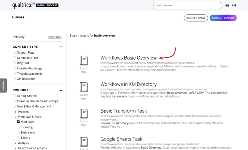 an example search on the support site where we filter for workflows